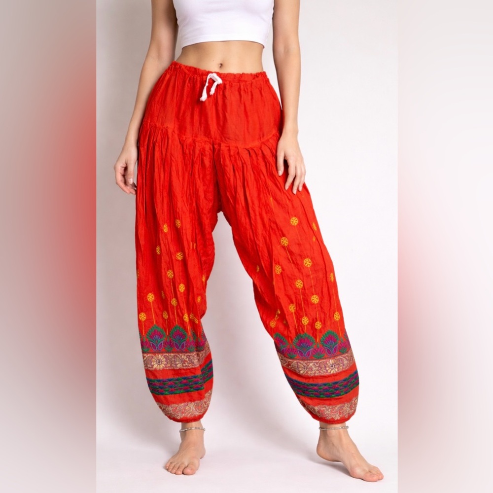 Bohemian embroidered pants orange flowy loose‎ hippie yoga Indian boho summer OS